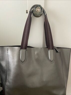 COACH Metallic BRONZE Silver w/ Maroon WIDE straps. Structured TOTE! Like New